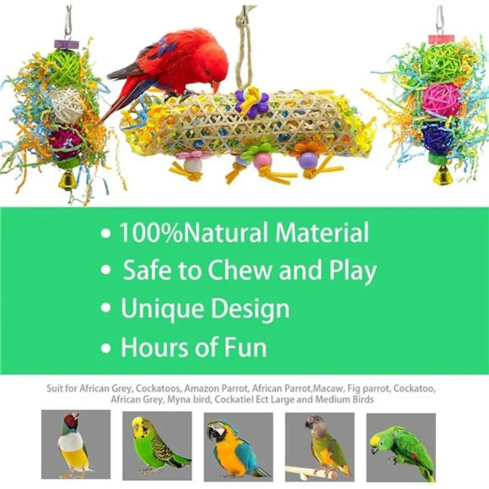 3Pack Bird ChewingToys Foraging Shredder Toy Parrot Cage Bird Loofah Hanging Toy